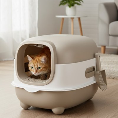 Bac à litière pour chat beige fermé