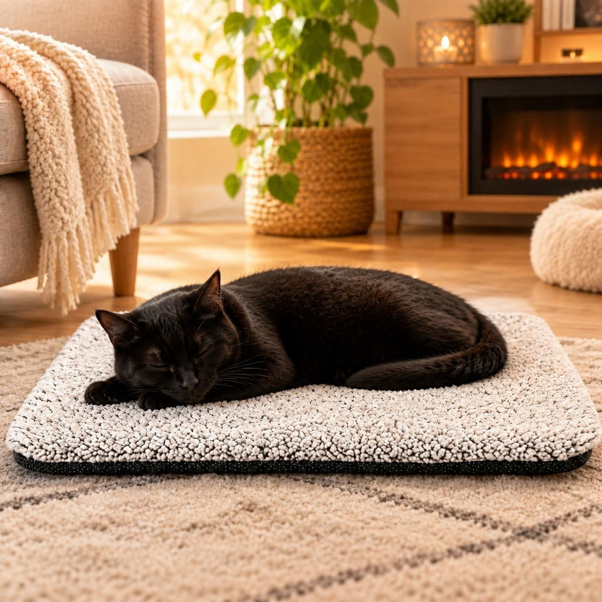 Chat noir endormi sur la couverture autochauffante CocoDoux