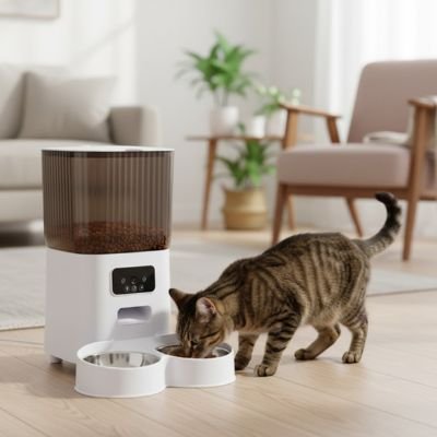 distributeur-automatique-de-croquettes-pour-chat-double bol-blanc