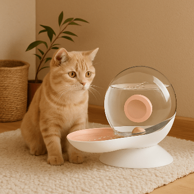 fontaine-a-eau-chat-escargot-rose