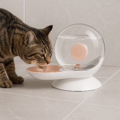 fontaine-a-eau-chat-rose-escargot