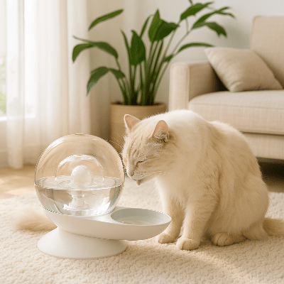 fontaine-a-eau-chat-escargot-grise