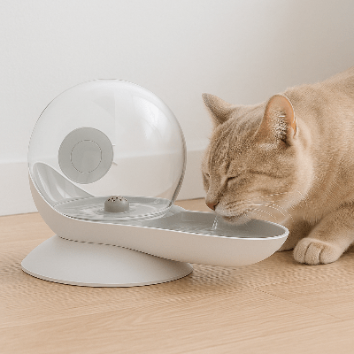 fontaine-a-eau-chat-gris-escargot