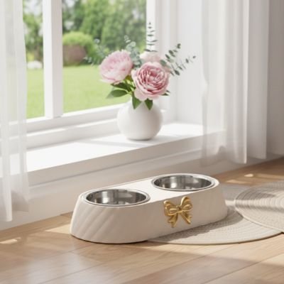 gamelle-chat-double-bol-élégante-verte-blanche