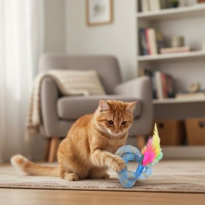 Chat jouant avec anneau à plumes interactif