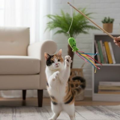 Chat chassant la canne à pêche Féliplay