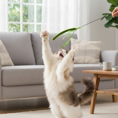 Baguette à plumes vert jaune pour chat - 50 cm