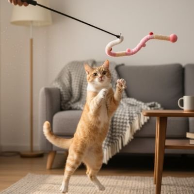Chat bond au jeu avec canne à pêche Félin Actif