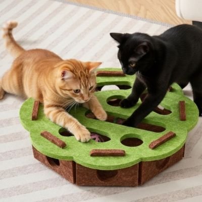Chat jouant sur plateau de jeu 2 niveaux avec balles colorées