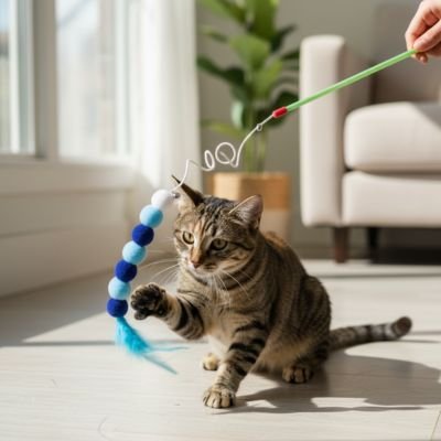 Canne FélinStimul - détail plumes et corde suspendue