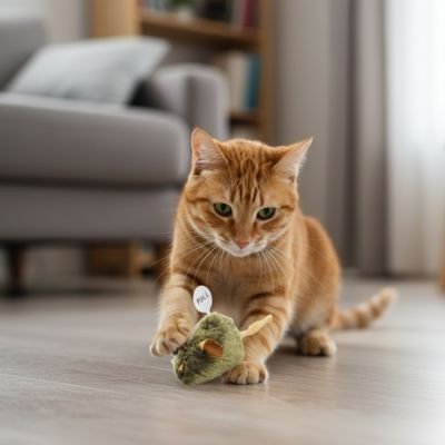 Souris peluche vert olive pour chat - queue corde ondulante