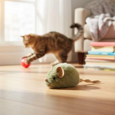 Chat débusquant la souris verte FélinActive sous un meuble