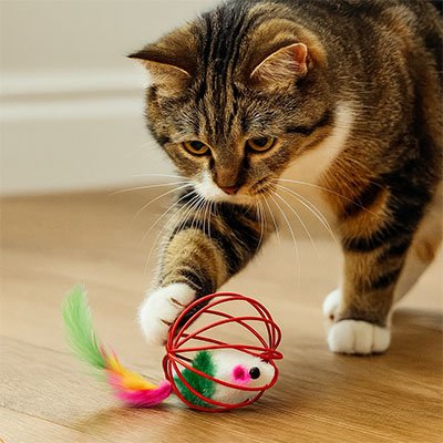 Chat poussant la cage sphérique - jeu autonome instinct de chasse