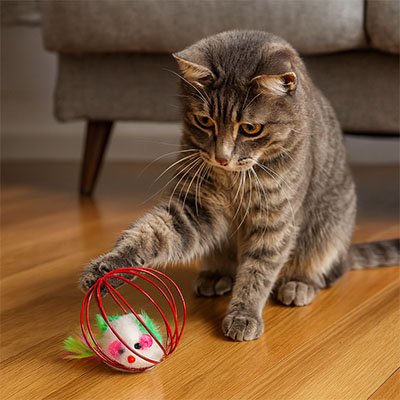 Jouet cage roulante autonome chat - souris visible mais inaccessible