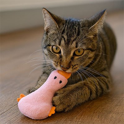 Chat jouant avec canard peluche - stimulation sonore et olfactive